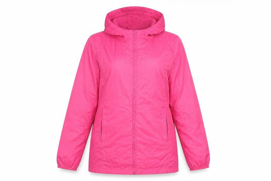 Front view of Lands' End women’s pink hooded rain coat jacket, size M, water resistant
