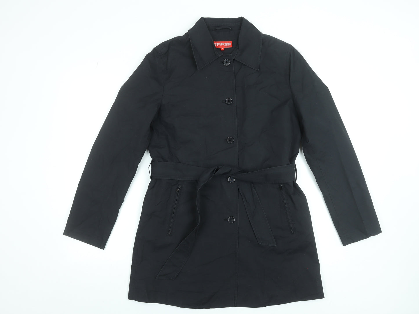 Review Women Black Trench Coat Belted Mid-Length Size 10