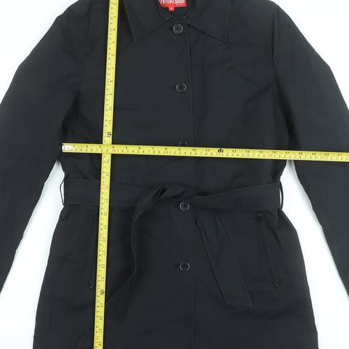 Review Women Black Trench Coat Belted Mid-Length Size 10