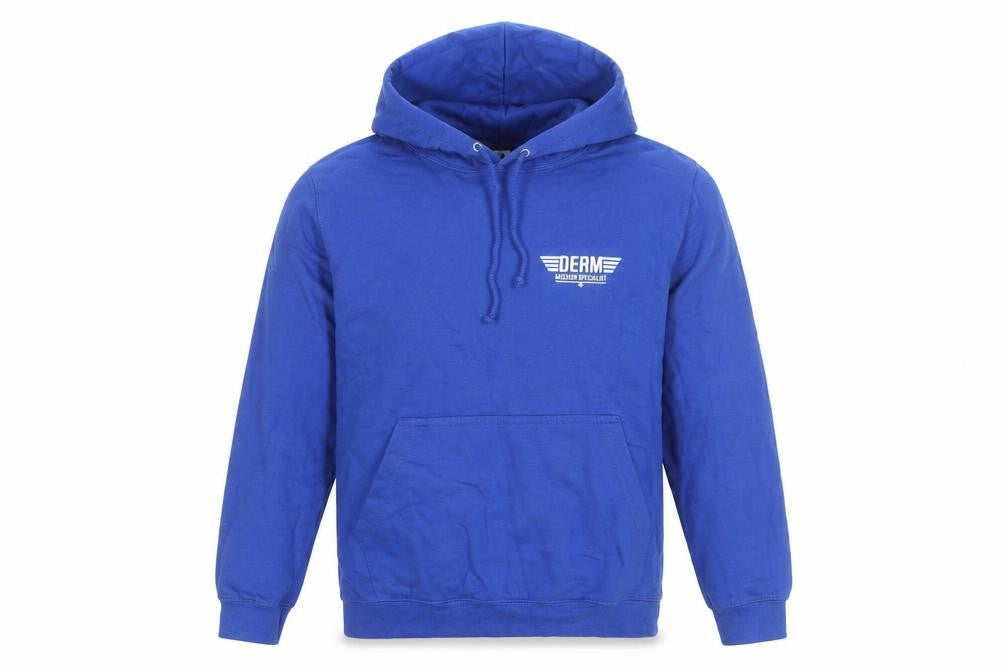 Front view of Just Hoods AWDis Blue Men’s Pullover Hoodie, size S, Graphic Print
