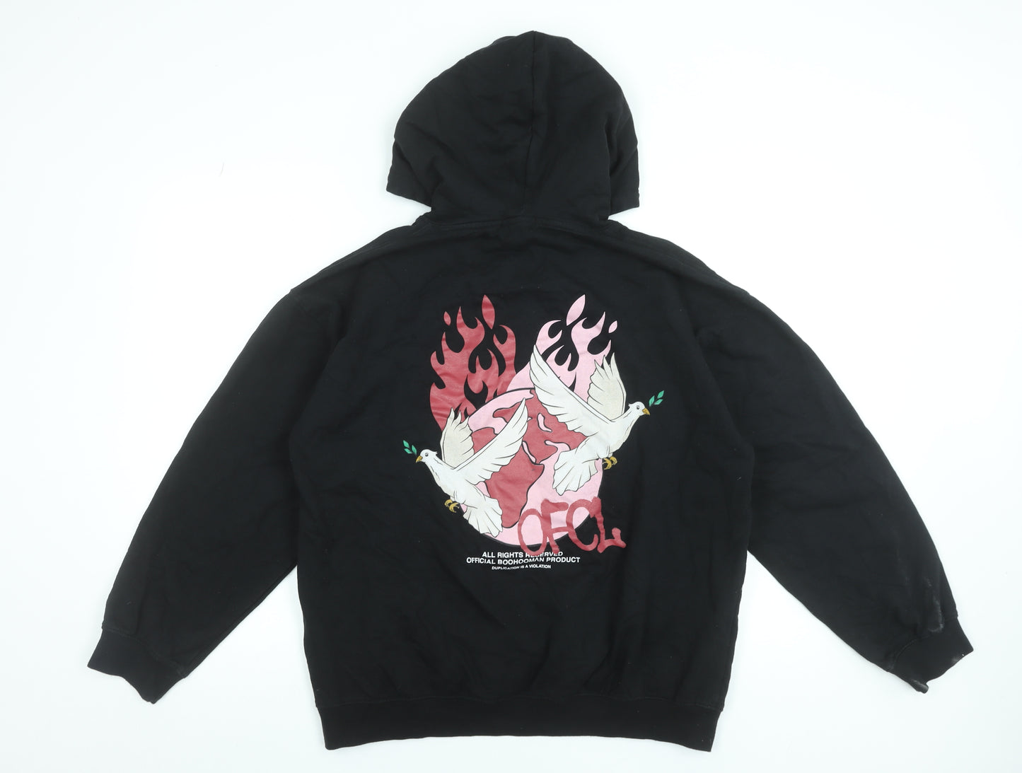 boohooMAN Men's Black Pullover Hoodie S Graphic Dove Flame Print