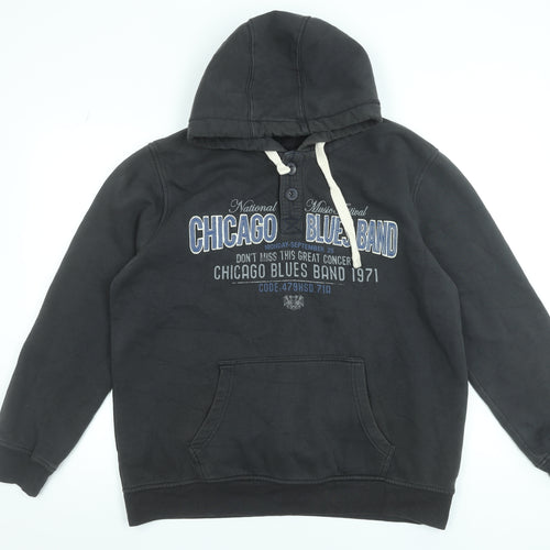 XSIDE Mens Black XL Henley Hoodie with Chicago Blues Graphic