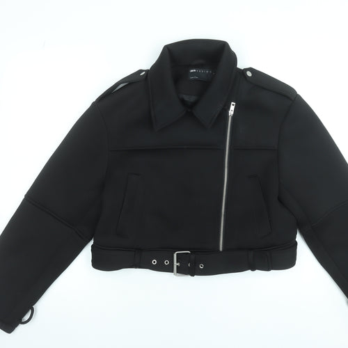 ASOS DESIGN Womens Black Size 8 Cropped Biker Jacket with Belt