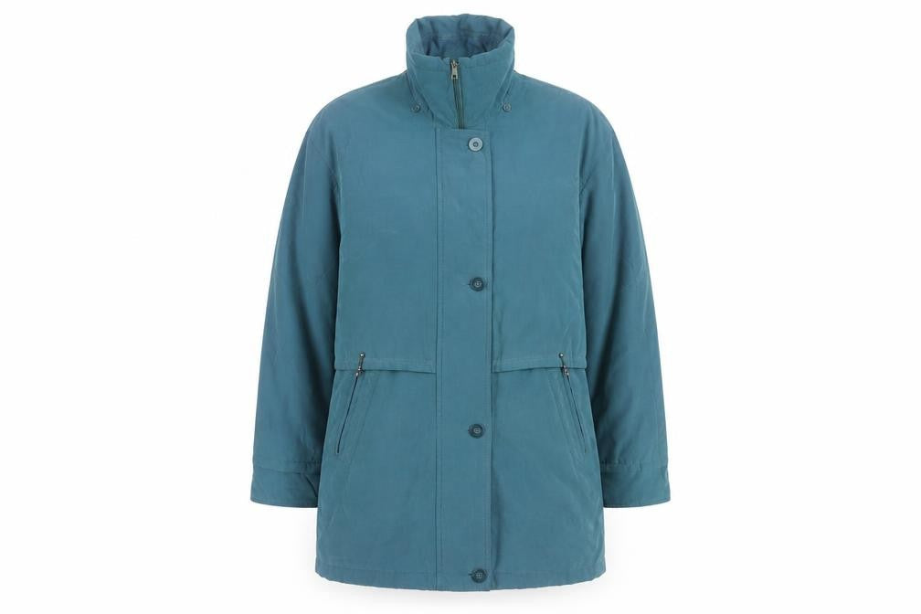 Front view of Outer Layer women’s blue long parka coat m lined zip button polyester