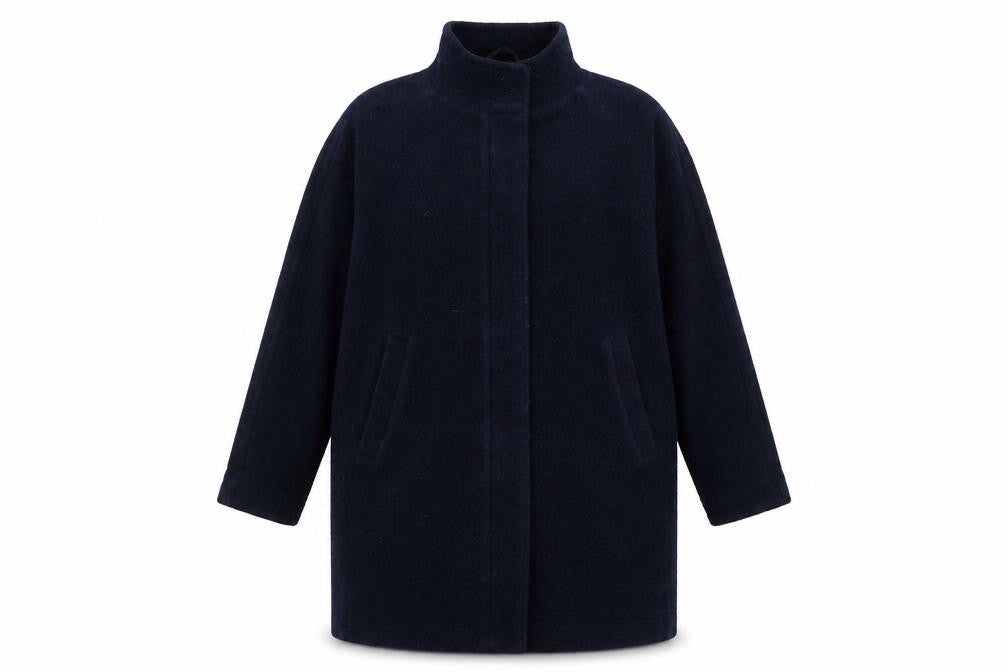 Front view of Rohan women’s black wool long overcoat, size UK 14, lined classic style