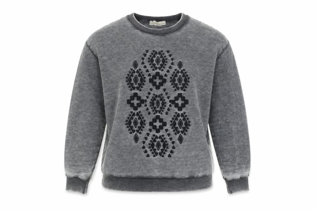 Front view of Sitting At Star Women's Grey Pullover Sweatshirt, size S, Aztec Print