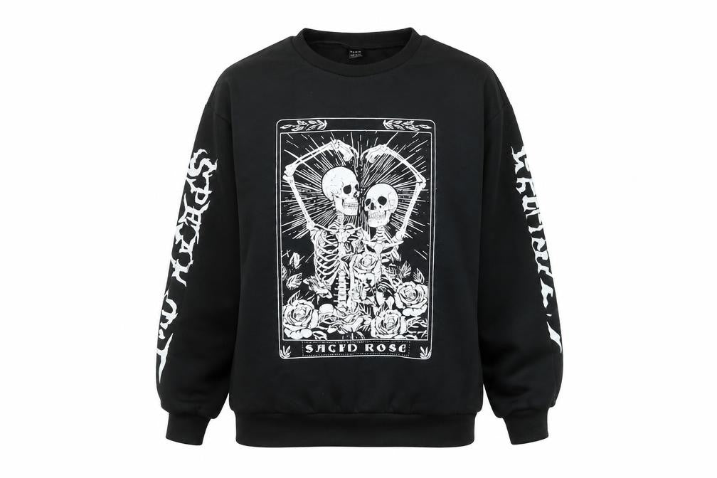 Front view of SHEIN Women's Black Skeleton Graphic Pullover Sweatshirt XS