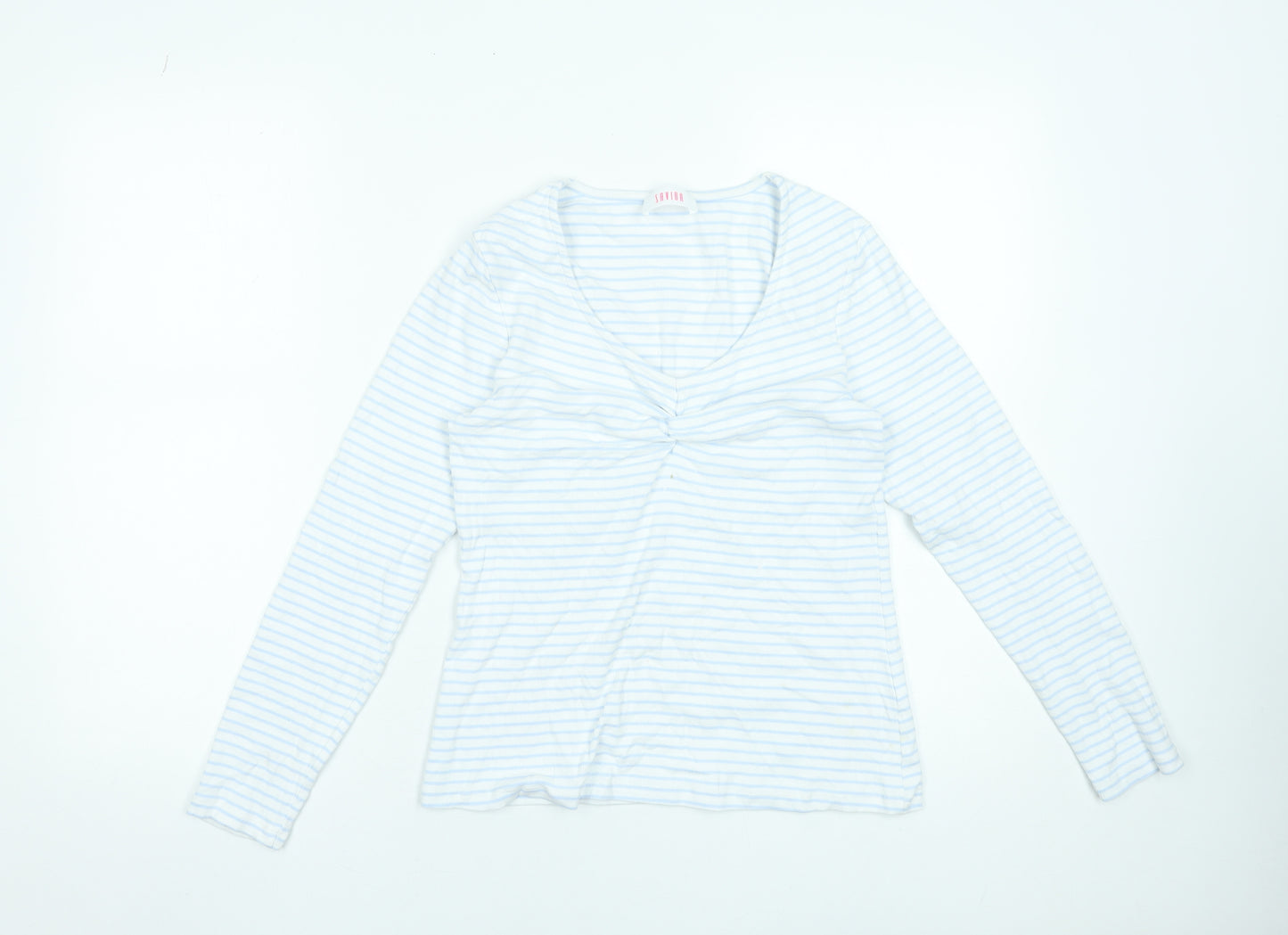 Savida Women's White Striped Long Sleeve V-Neck Cotton Top Size 16