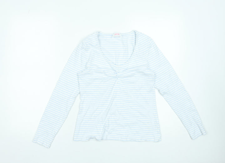 Savida Women's White Striped Long Sleeve V-Neck Cotton Top Size 16