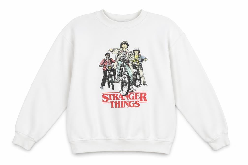 Front view of Brand Alliance boys’ white stranger things xl pullover fleece sweatshirt