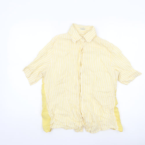 van Laack Women Yellow Striped Linen Short Sleeve Button-Up Shirt Size 12