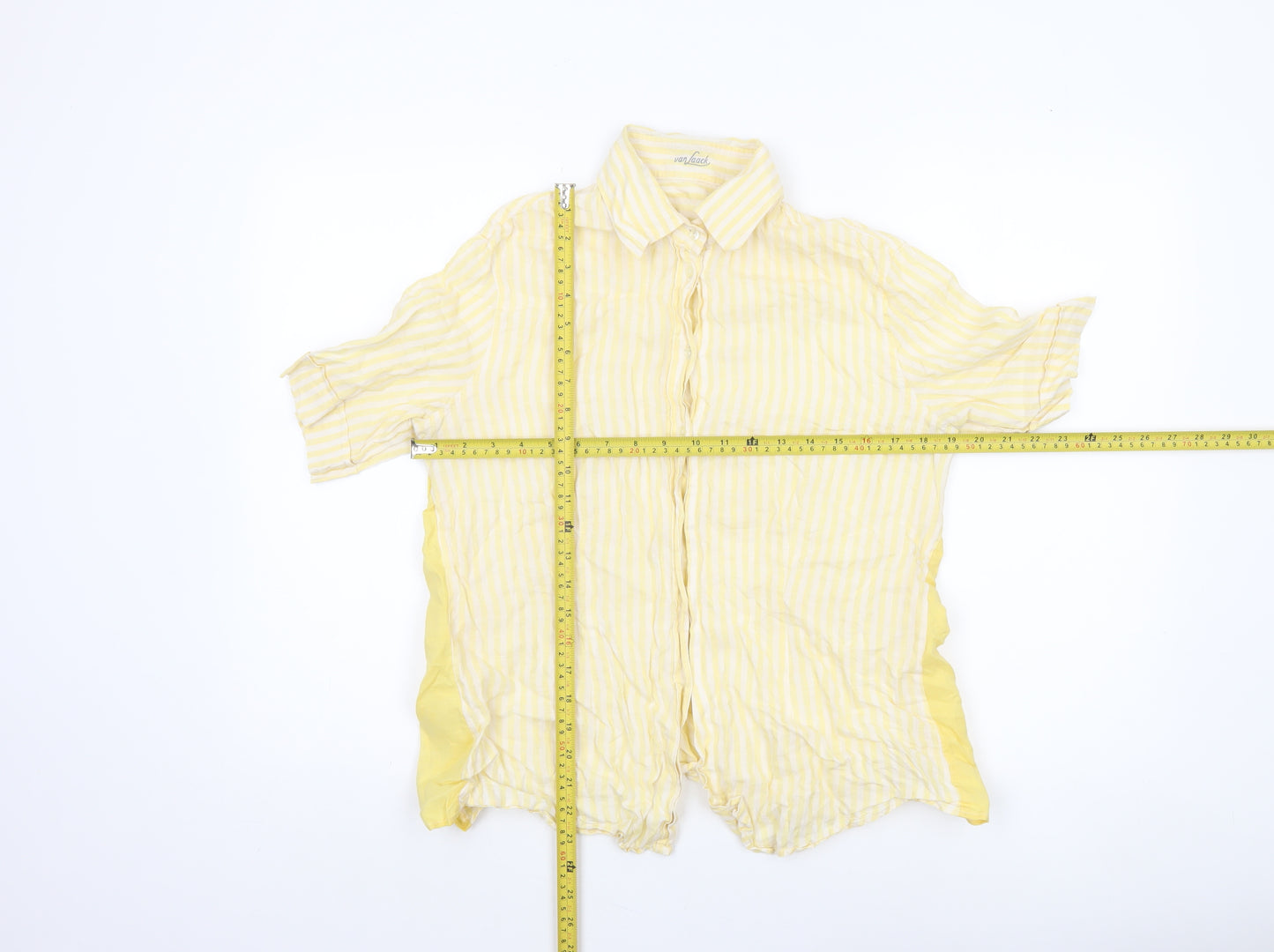 van Laack Women Yellow Striped Linen Short Sleeve Button-Up Shirt Size 12