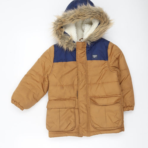 OshKosh B'gosh Boys Brown & Navy Hooded Fur Trim Puffer Jacket 5 Years
