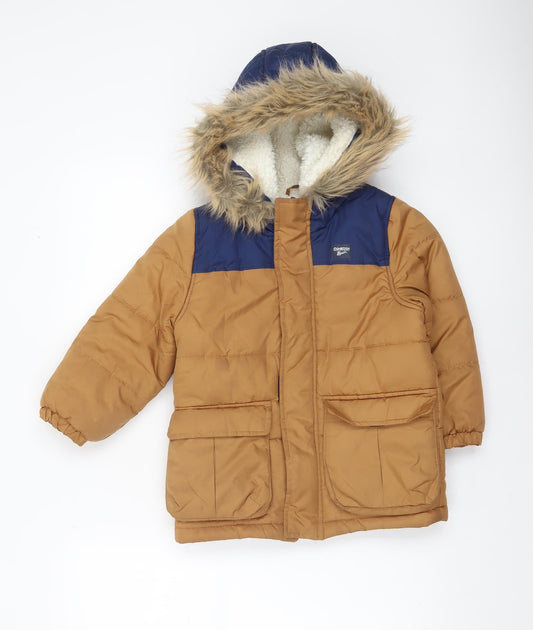 OshKosh B'gosh Boys Brown & Navy Hooded Fur Trim Puffer Jacket 5 Years