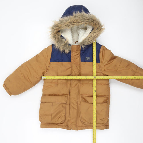 OshKosh B'gosh Boys Brown & Navy Hooded Fur Trim Puffer Jacket 5 Years