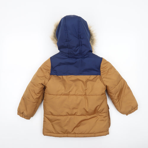 OshKosh B'gosh Boys Brown & Navy Hooded Fur Trim Puffer Jacket 5 Years