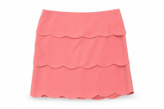 Front view of A|wear women’s pink layered scalloped a-line skirt, size UK 10