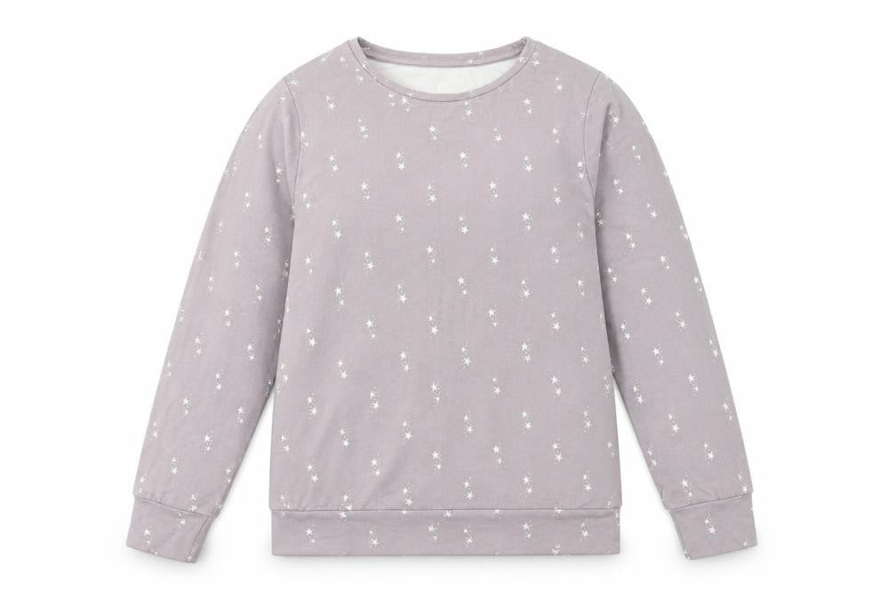 Front view of WoolOvers Women’s Grey Star Print Pullover Sweatshirt Small