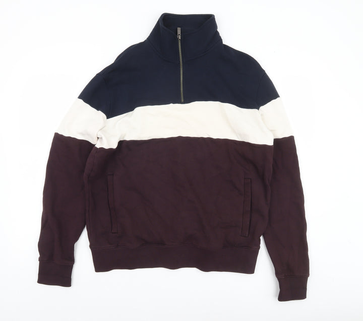 Marks and Spencer Men's Blue White Brown 1/2 Zip Sweatshirt M