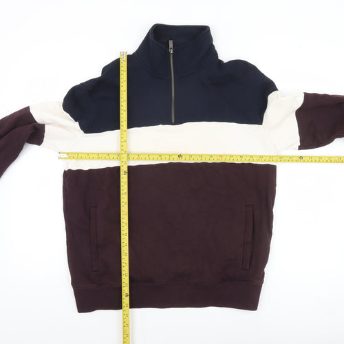 Marks and Spencer Men's Blue White Brown 1/2 Zip Sweatshirt M