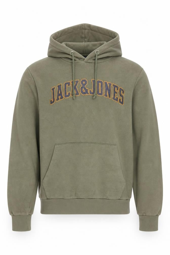 Front view of Jack & Jones Men's Green Small Pullover Hoodie with Logo Print
