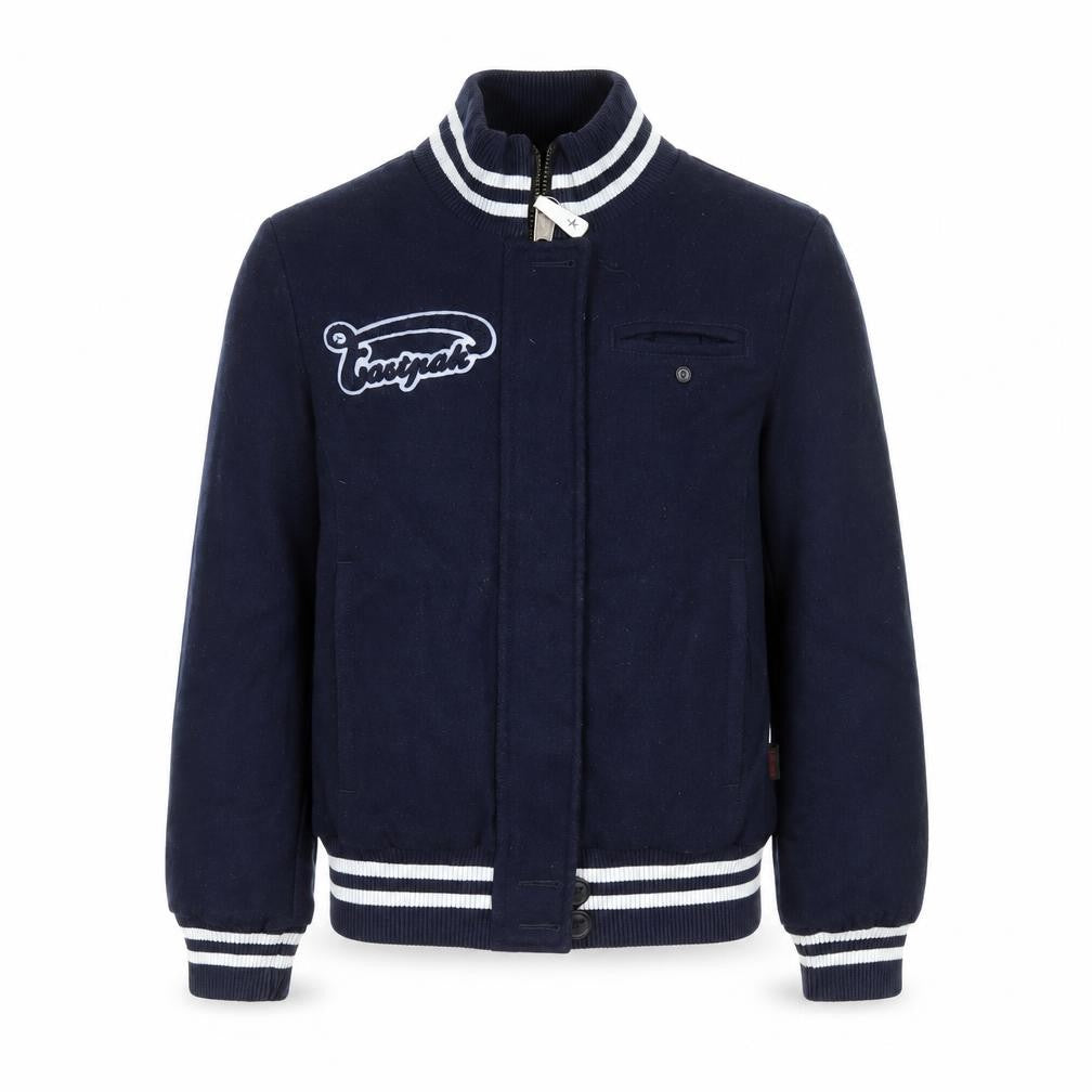 Front view of Eastpak Men’s Blue Wool Varsity Jacket, size S, College Style