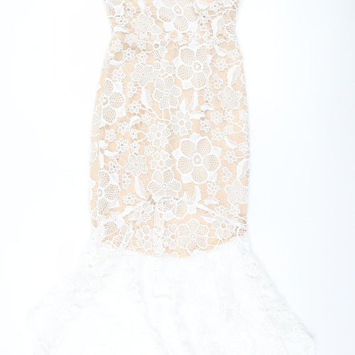Quiz Women’s Beige & White Lace Hi-Low Halter Midi Dress UK 10