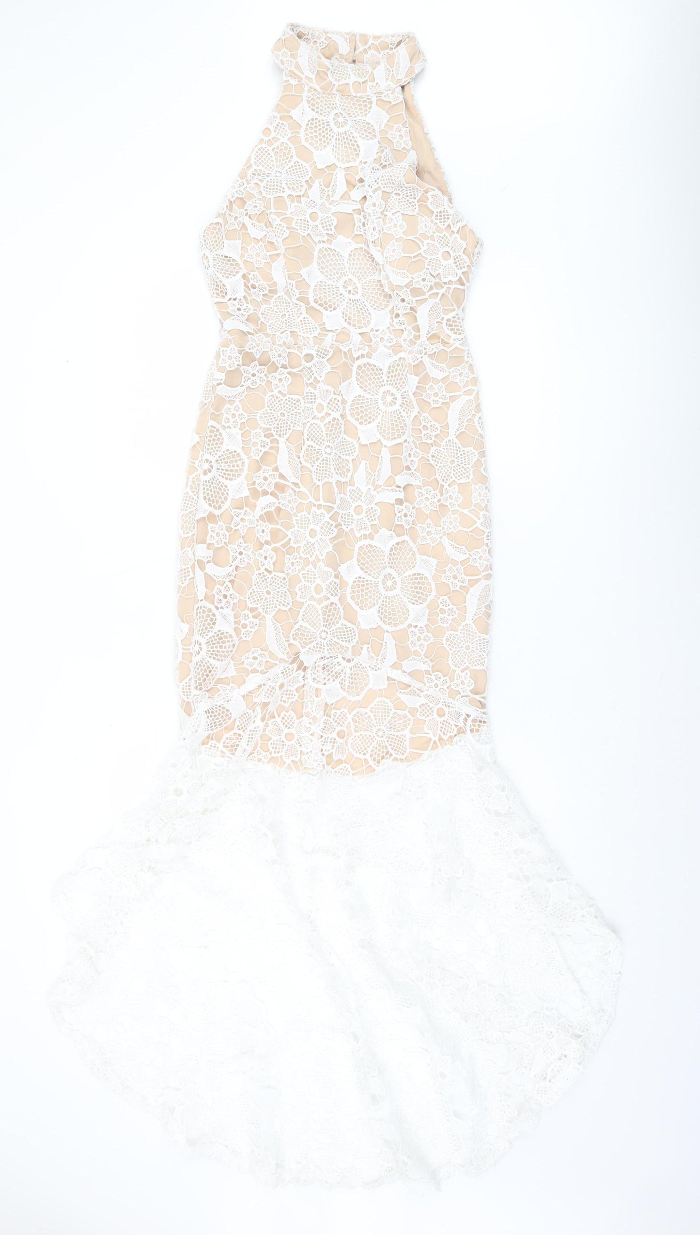 Quiz Women’s Beige & White Lace Hi-Low Halter Midi Dress UK 10