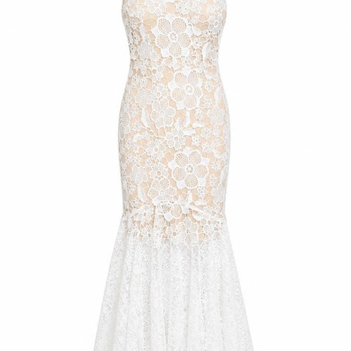 Quiz Women’s Beige & White Lace Hi-Low Halter Midi Dress UK 10