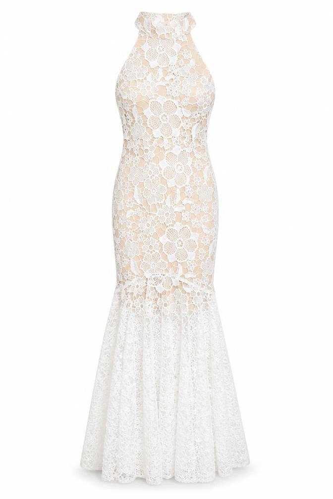 Quiz Women’s Beige & White Lace Hi-Low Halter Midi Dress UK 10