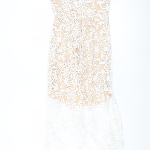 Quiz Women’s Beige & White Lace Hi-Low Halter Midi Dress UK 10