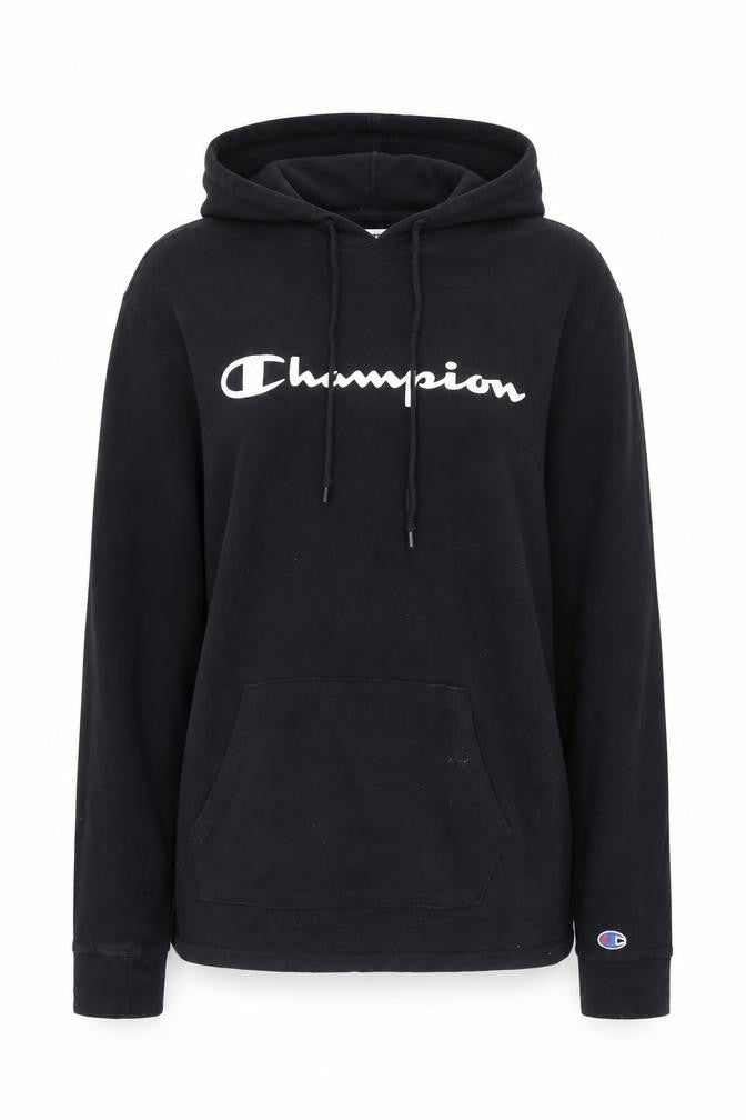 Front view of Champion women’s black medium pullover hoodie authentic cotton athleticwear