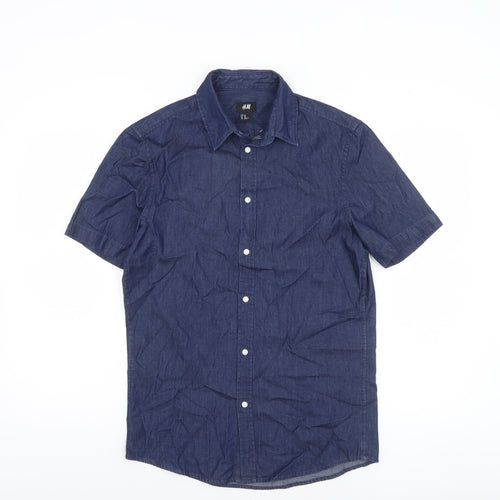 H&M Men’s Blue Cotton Short Sleeve Button-Up Shirt XS