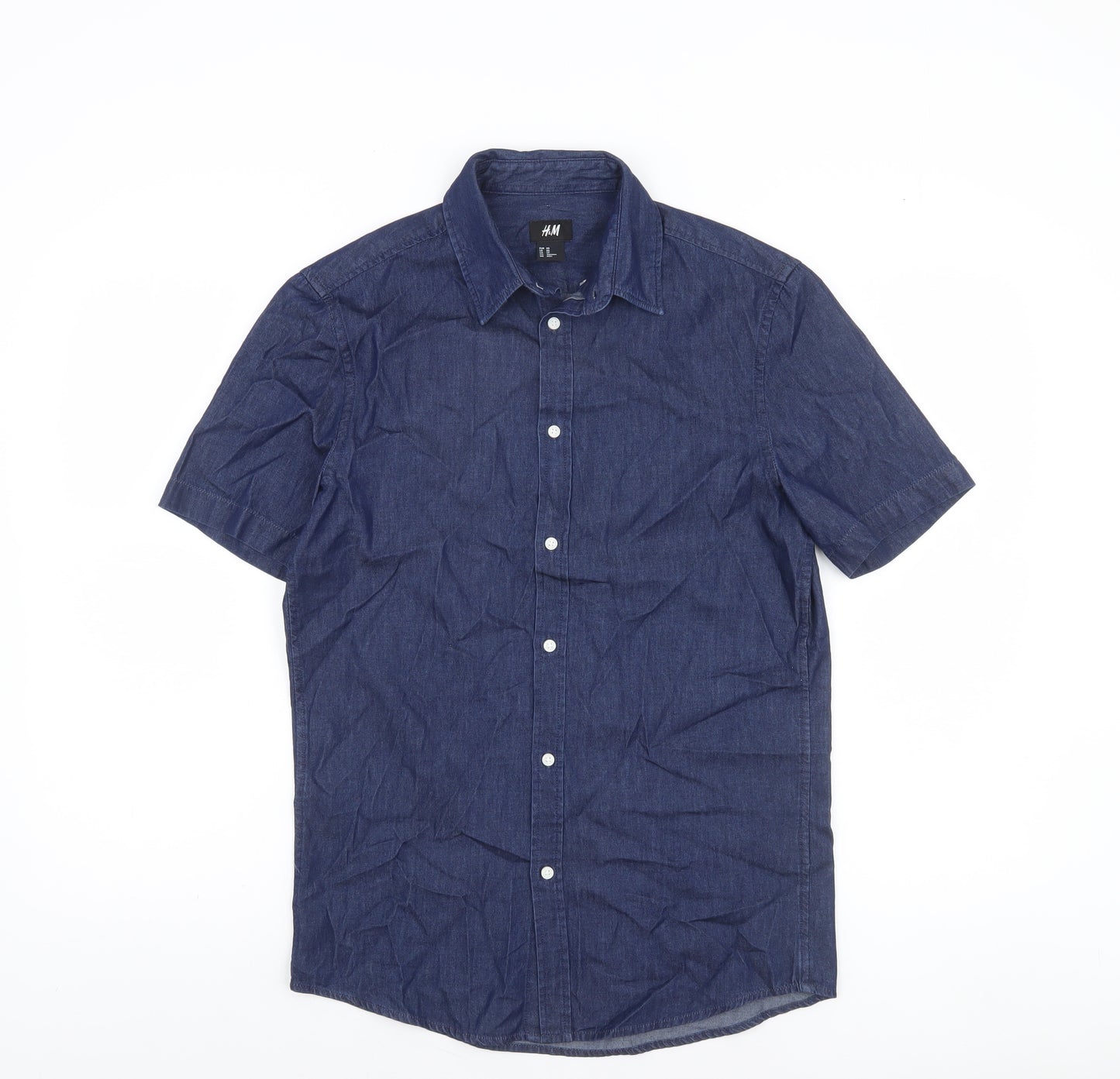 H&M Men’s Blue Cotton Short Sleeve Button-Up Shirt XS