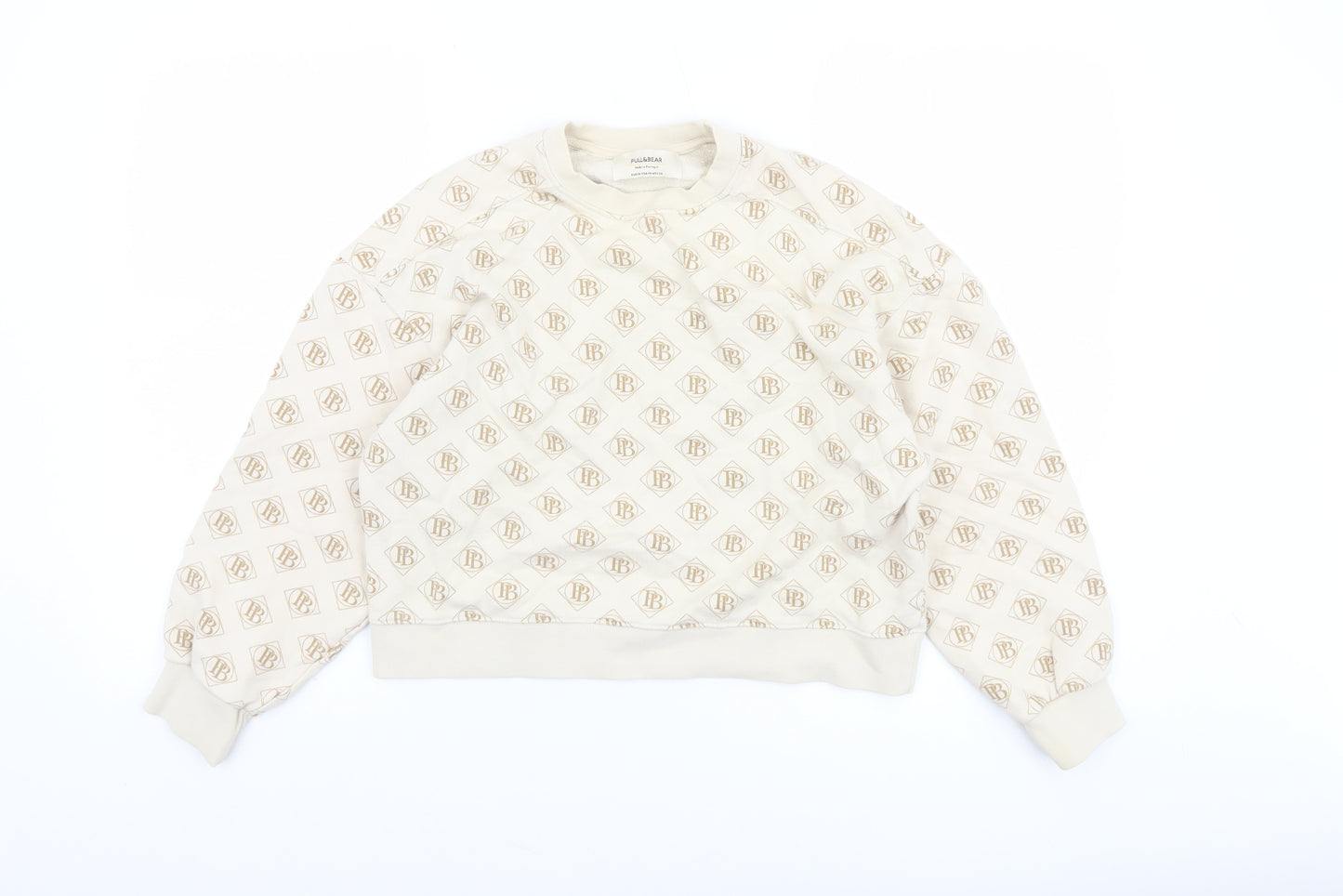 Pull & Bear Women’s Beige Logo Print Pullover Sweatshirt XS