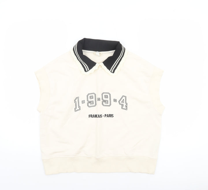 River Island Women Ivory Collared Cropped Sleeveless T-Shirt XS