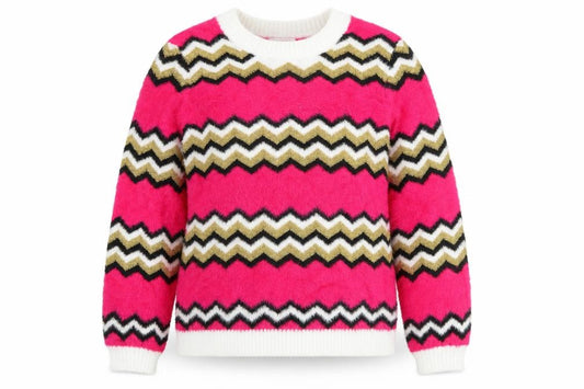 Front view of Savida Women's Multicoloured Zigzag Knit Crew Neck Jumper, size 10