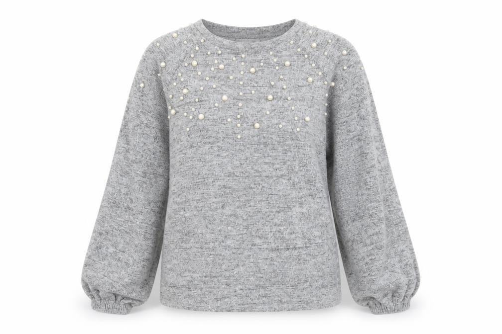 Front view of Savida Women Grey Beaded Long Sleeve jumper, size L