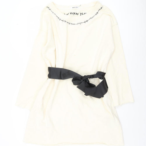 Replay Women Ivory Cotton Shift Dress XS Long Sleeve Belted