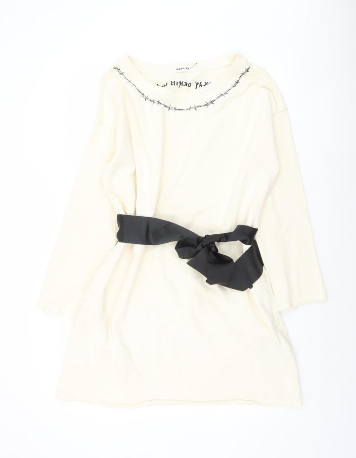 Replay Women Ivory Cotton Shift Dress XS Long Sleeve Belted