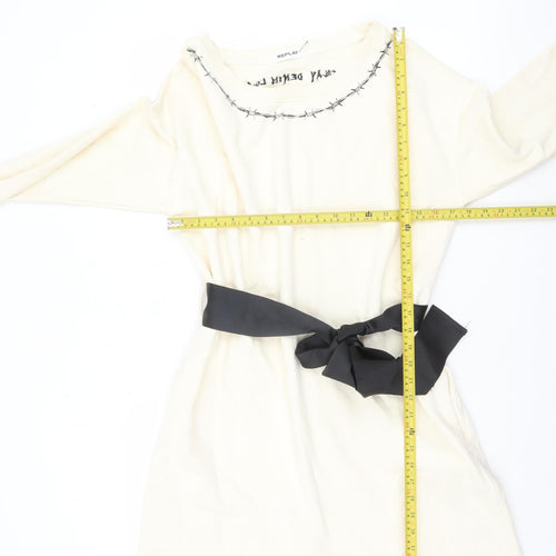 Replay Women Ivory Cotton Shift Dress XS Long Sleeve Belted