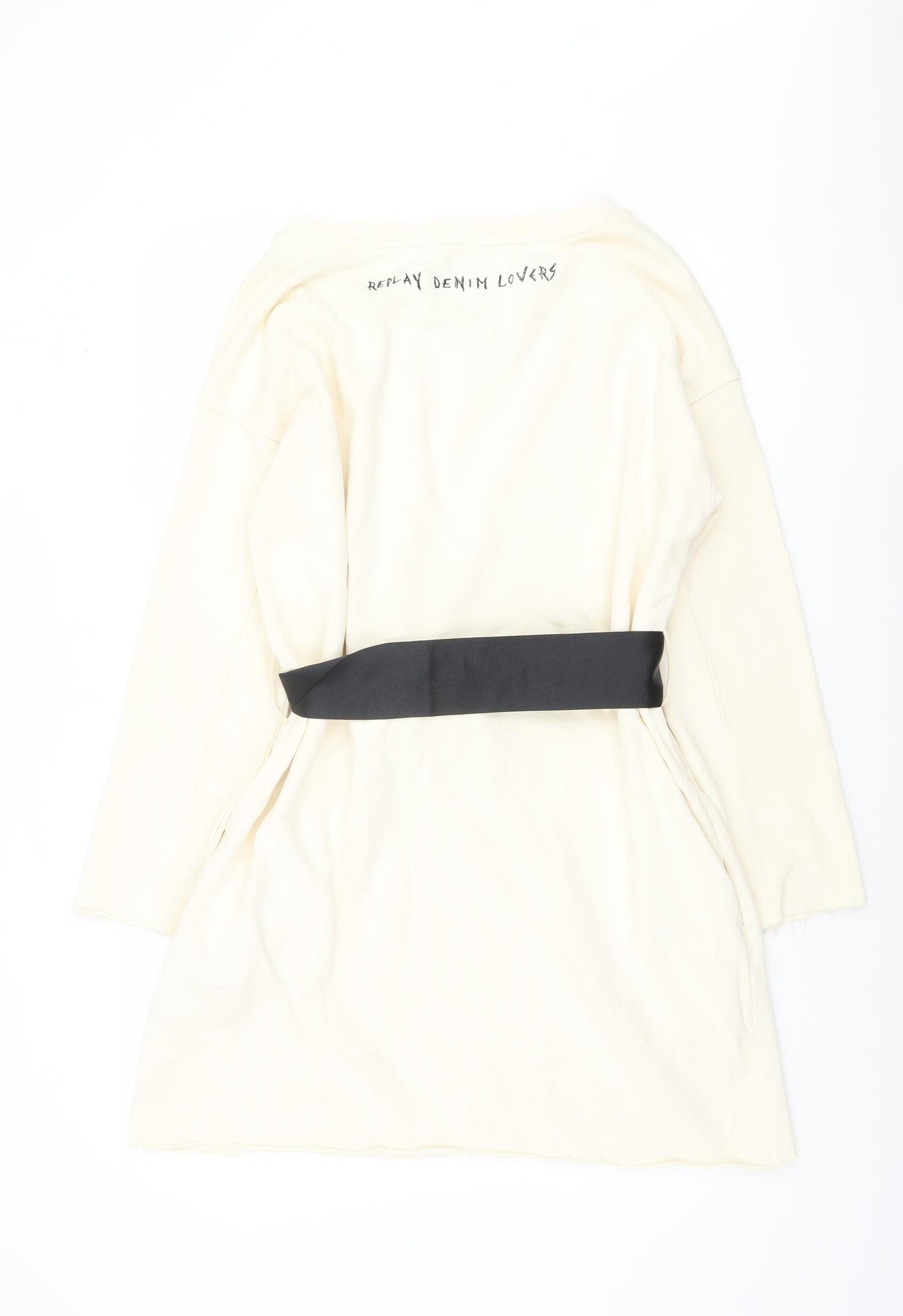 Replay Women Ivory Cotton Shift Dress XS Long Sleeve Belted