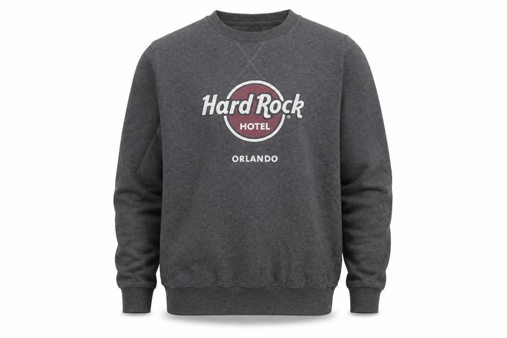 Front view of Hard Rock Hotel Orlando Men's Grey Medium Crew Neck Sweatshirt
