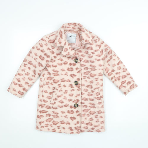Tu Girls Pink Animal Print Mid-Length Button Coat Age 5-6 Years