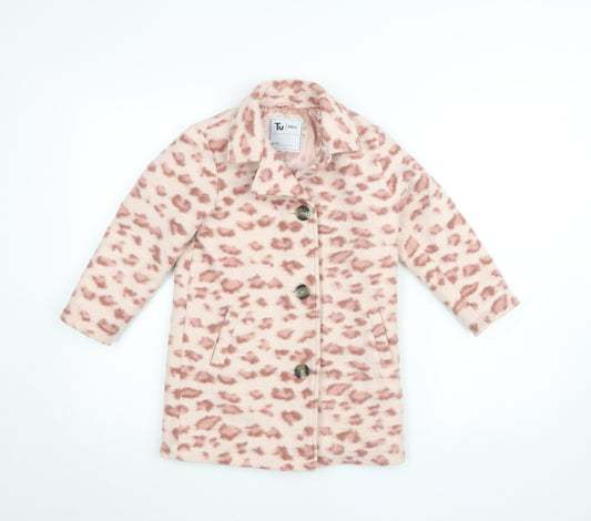 Tu Girls Pink Animal Print Mid-Length Button Coat Age 5-6 Years