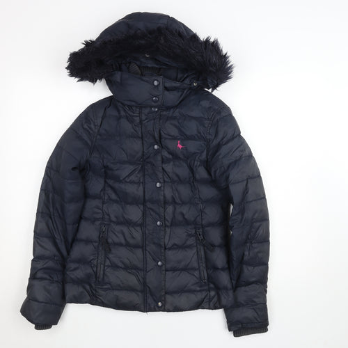 Jack Wills Girls Blue Hooded Puffer Jacket Coat UK 6 Faux Fur Trim Winter