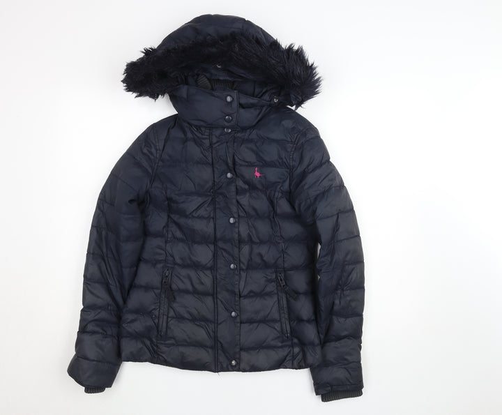 Jack Wills Girls Blue Hooded Puffer Jacket Coat UK 6 Faux Fur Trim Winter