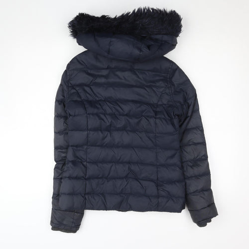 Jack Wills Girls Blue Hooded Puffer Jacket Coat UK 6 Faux Fur Trim Winter