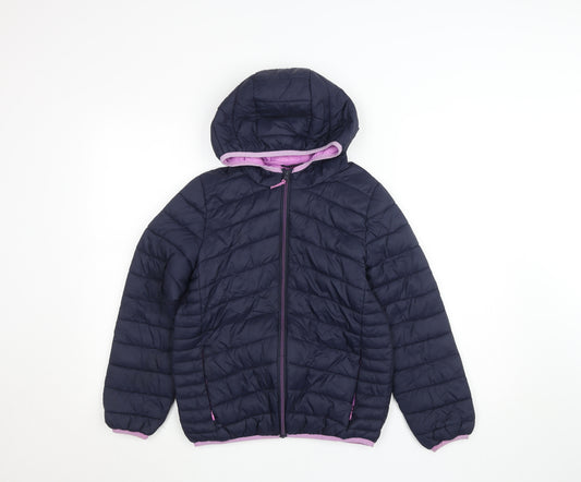 Marks and Spencer Girls Blue Hooded Puffer Jacket 10-11 Years Polyester Lined