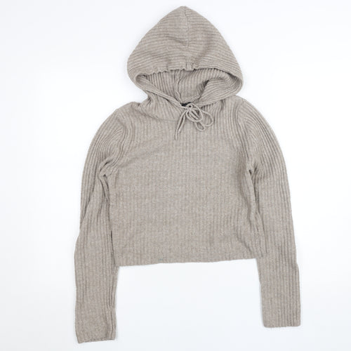 Stradivarius Women’s Beige Hooded Rib Knit Pullover Jumper Size S